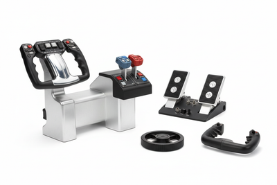 Professional flight simulator controls including yoke, throttle quadrant, and rudder pedals on white background