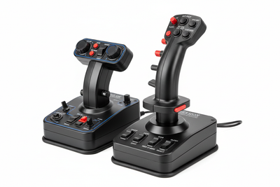 Professional flight simulator HOTAS system with joystick and throttle quadrant on white background