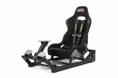 Professional racing seat and seat mount system for flight simulators on white background
