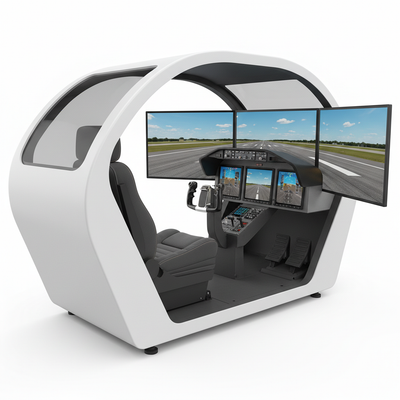 Foundry AeroCommand Elite full flight simulator setup with enclosed cockpit, triple curved monitors, and glass cockpit avionics