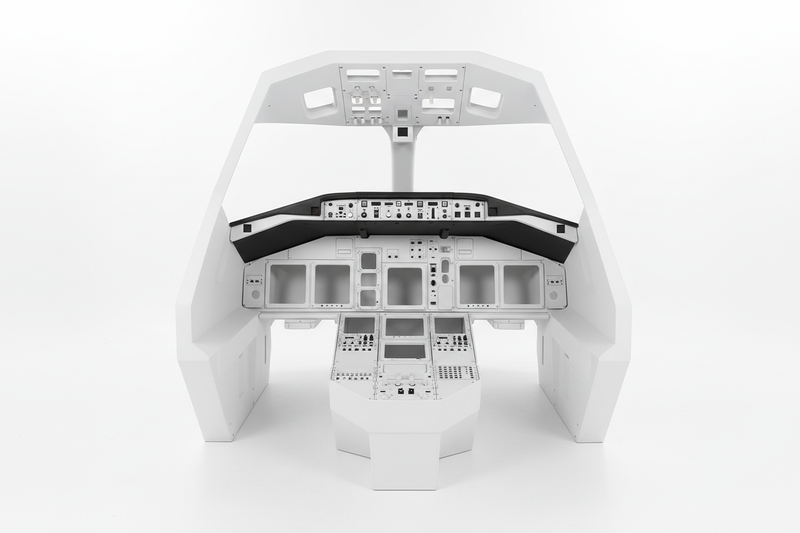 Professional full cockpit shell enclosure for flight simulator on white background
