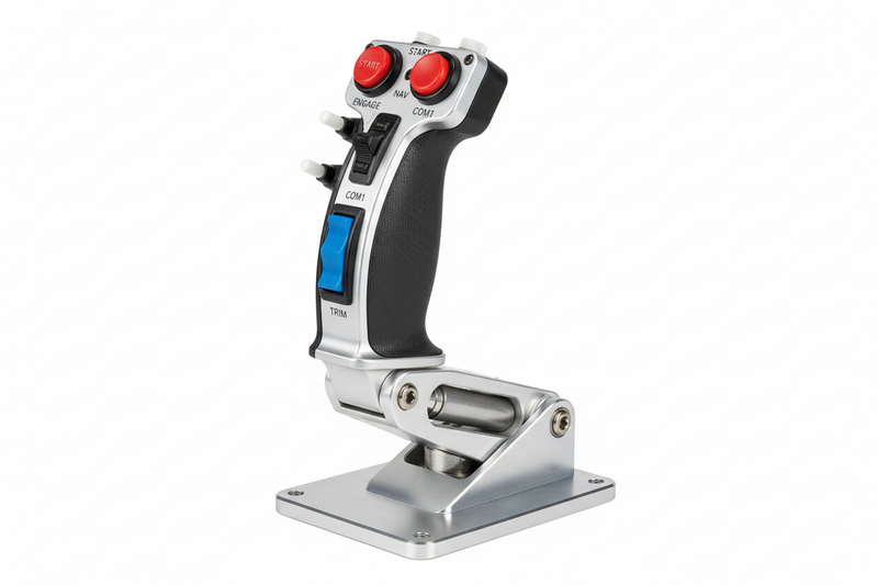 Professional helicopter flight simulator collective control lever with twist grip throttle on white background