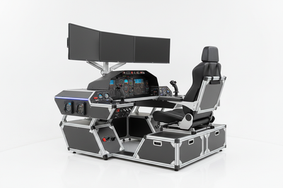Professional flight simulator cockpit furniture and enclosure system with monitor mounts and side consoles on white background