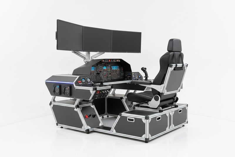 Professional flight simulator cockpit furniture and enclosure system with monitor mounts and side consoles on white background