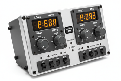 Professional flight simulator radio and navigation panel with COM and NAV frequency displays on white background