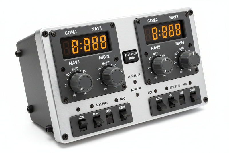Professional flight simulator radio and navigation panel with COM and NAV frequency displays on white background